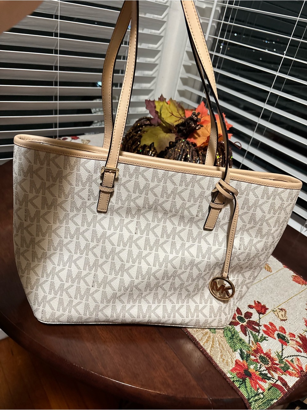 Michael Kors Cream and Tan Signature MK Tote with Gold Charm